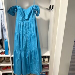 STAUD Turquoise Off-Shoulder Poplin Maxi Dress